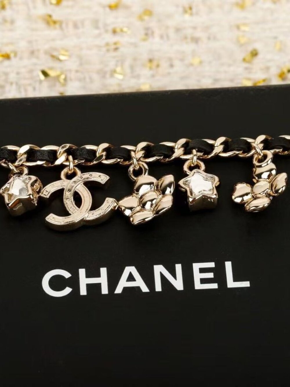 Chanel Black & Gold Leather-Woven Double C Multi-Element Bracelet